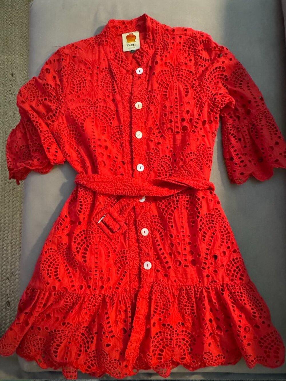 Farm Rio Red Palm Mini Eyelet Lace Dress
